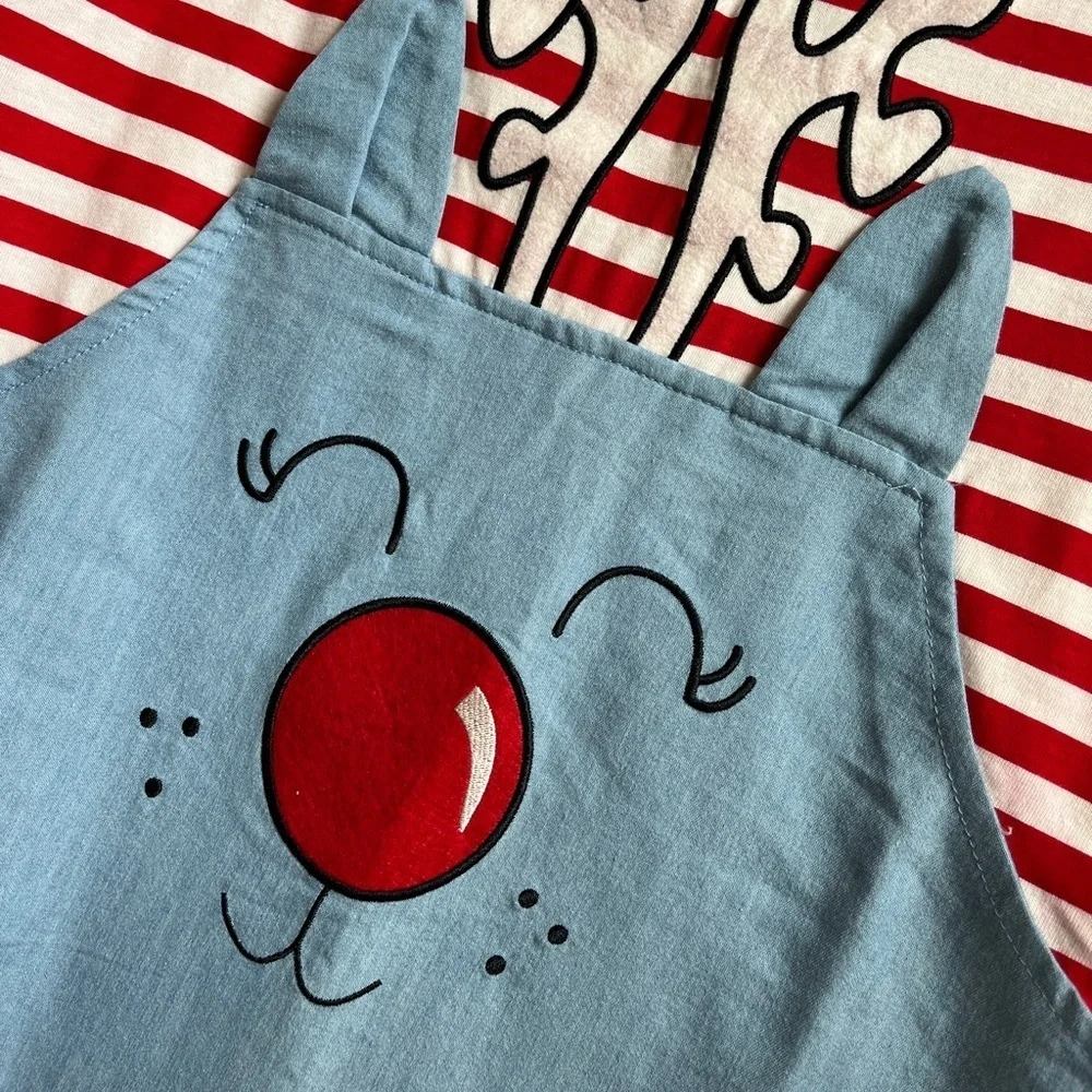 Dollie & Me Red Stripe/Blue Denim Reindeer Pattern Holiday Dress Girls size 12